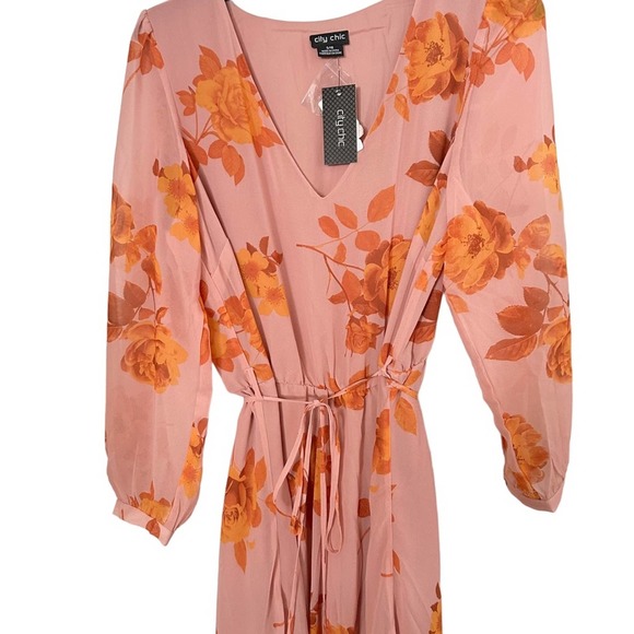 City Chic Pink Floral Print V-Neck Asymmetric Dress Size 16 NWT - Picture 4 of 7